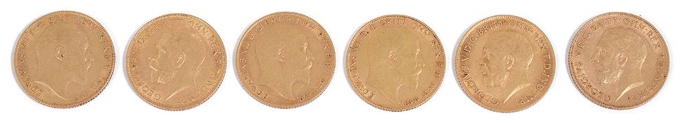 Six Edward VII and George V half sovereigns
