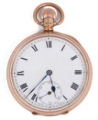 An early 20th century 9ct gold open faced keyless pocket watch
