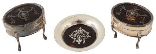 A pair of Edwardian silver mounted tortoiseshell and pique work trinket boxes; similar pin dish