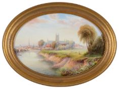 A Royal Worcester oval plaque featuring Worcester Cathedral by R. Rushton