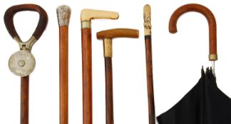 Victorian and later walking sticks and an early 20th c. Paragon S. Fox & Co umbrella