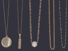 Five assorted gold necklaces and three with pendants,