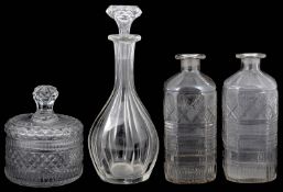 A George III cut glass pot and cover; pair of early 19th c. spirit decanters; Victorian decanter