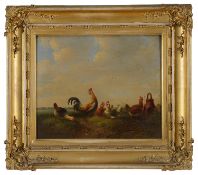Early 19th c. Flemish school 'Cockerel and hens in a landscape' a pair, oil on panel