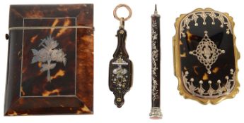Collection of 19th c. tortoiseshell and pique work items to include a pair of French lorgnettes