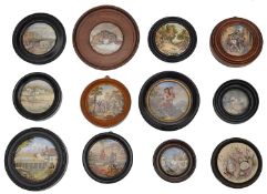 A collection of twelve 19th century Prattware pot lids