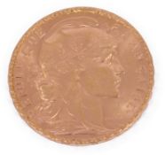 A French gold rooster 20 franc coin dated 1909