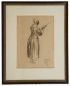Attributed William Dennis Dring (1904-1990) 'Lady fisherman' charcoal drawing of a figure standing
