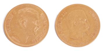 A gold Serbian 10 dinara coin dated 1882