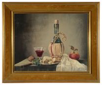 James Noble (Brit. 1919-1989) 'Chianti with cheese and apple', oil on canvas, signed