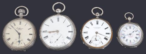 Three silver assorted open face pocket watches and a silver fob watch