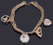 Edwardian gold turquoise and split pearl three row gate link bracelet with four charms