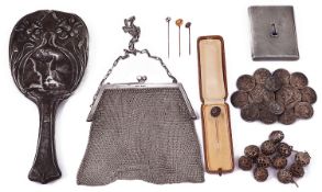 Selection of mostly silver items of vertu to include a cigarette case, a chain mesh evening bag