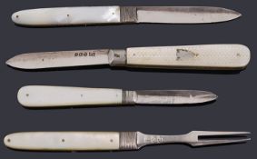 A George III silver and mother of pearl campaign folding knife and fork set, others