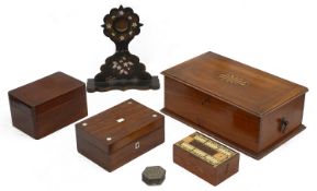 A Victorian papier mache watch stand and 19th century and later boxes