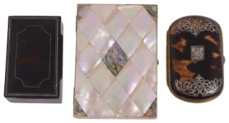 A Victorian mother of pearl and nacre veneered card case, others