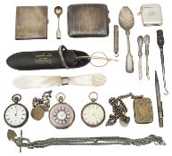 A mixed lot of silver and silver items of vertu to include pocket watches
