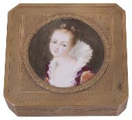 An early 20th century Continental gilt metal and enamel portrait snuff box