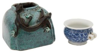 A 19th century Chinese Qing Dynasty Robins egg glazed brush washer and a blue and white bird feeder