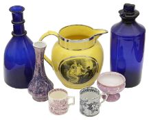 An early 19th c Staffordshire silver lustre canary yellow pearl ware jug, others