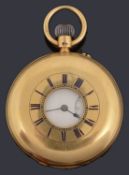 An 18ct gold half hunter top wound keyless pocket watch