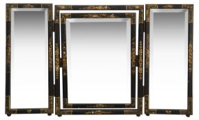 An Edwardian black japanned and gilt decorated chinoiserie triple dressing table mirror
