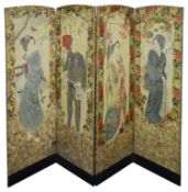 A Victorian four fold draught screen decorated with Japanese figures painted on linen and decoupage