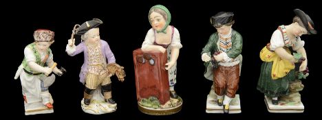 Meissen porcelain figure of a cherub playing with a toy horse and four other Meissen style figures