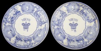 Two mid 19th c Bovey Tracey pottery Royal Navy blue and white transfer decorated mess plates c.1850
