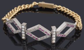 An unusual ruby, diamond and split pearl centrepiece bracelet possibly American