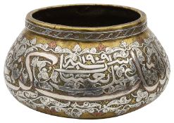A late 19th century Islamic Damascus Mamluk Revival Cairoware silver inlaid brass bowl