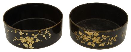 Pair of Regency black japanned and gilt chinoiserie decorated papier mache bottle coasters c.1820