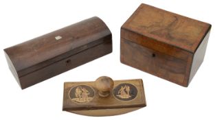 An early 19th c burr walnut tea caddy, a rosewood domed glove box and a Sorrento ware ink blotter