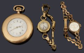 Two ladies 9ct gold bracelet watches and a gold plated Elgin fob watch