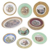 A good collection of Prattware plates, cups, saucers and serving dish,