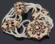 An Indian gold synthetic ruby and split pearl bracelet