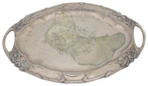 An Austrian late 19th c twin handled tray with repousse floral design