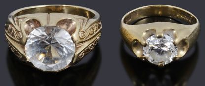 Two gentleman's 9ct gold single stone cubic zirconia signet rings