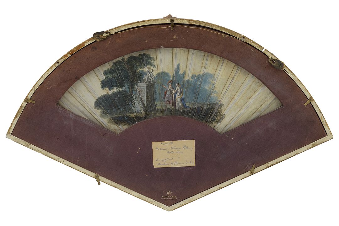 An early to mid 18th c mother of pearl double sided vellum leafed fan - Image 2 of 2