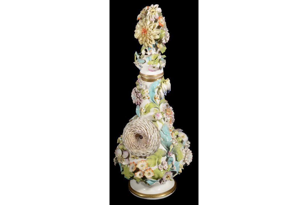 A mid 19th century possibly Coalbrookdale flower encrusted porcelain bottle vase and stopper - Image 1 of 2