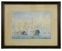 British School, late 19th/early 20th century 'British and French men o' war in action', watercolour