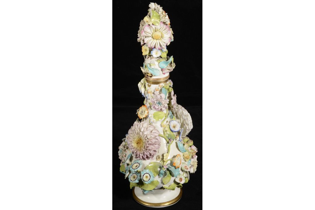 A mid 19th century possibly Coalbrookdale flower encrusted porcelain bottle vase and stopper - Image 2 of 2