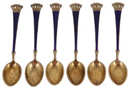 A set of six Danish silver gilt and blue enamel coffee spoons