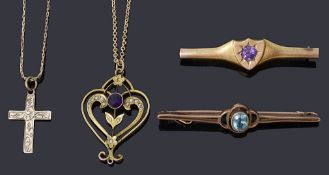 An Edwardian amethyst and seed pearl pendant on chain,