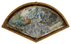 An early to mid 18th c mother of pearl double sided vellum leafed fan