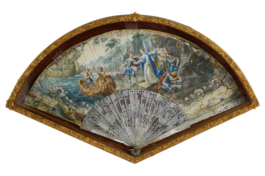 An early to mid 18th c mother of pearl double sided vellum leafed fan - Image 1 of 2