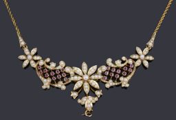 A Victorian rose gold split pearl and ruby floral centrepiece necklace