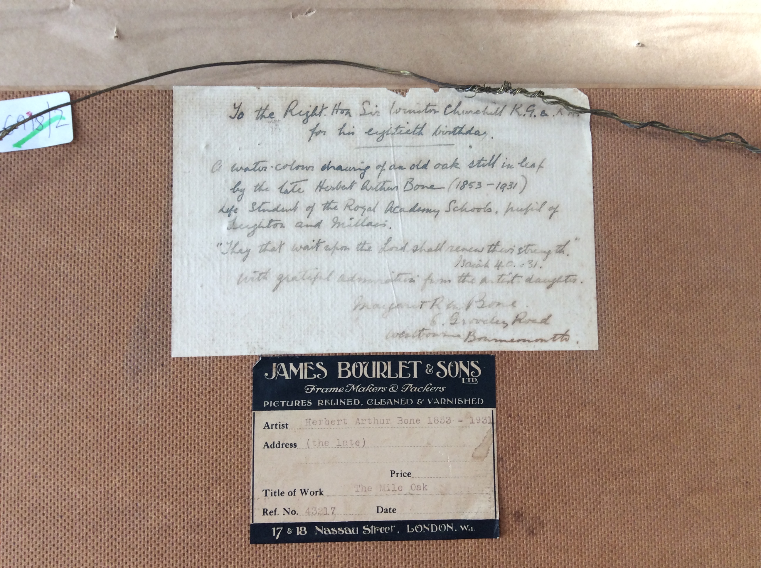 Winston Churchill Interest: Herbert Arthur Bone (Brit. 1853-1931)'The Mile Oak, Dorking' watercolour - Image 2 of 2