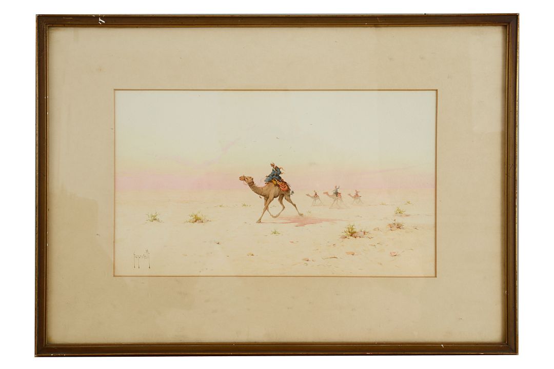 Spyridon Scarvelli (Greek, 1862-1944) 'Camel riders in the desert' watercolour