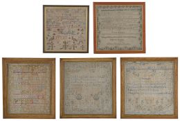 A collection of five framed Victorian samplers